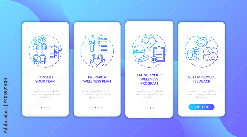 Wall mural workstation wellness onboarding mobile app page screen with concepts. employees feedback, wellbeing 