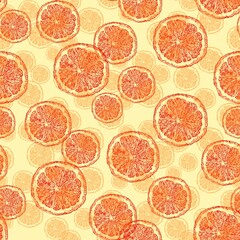 Seamless pattern with slices of orange oranges and green limes on a light warm background.  Graphic illustration.  Background for textiles, postcards, wrapping paper, prints, wallpaper.