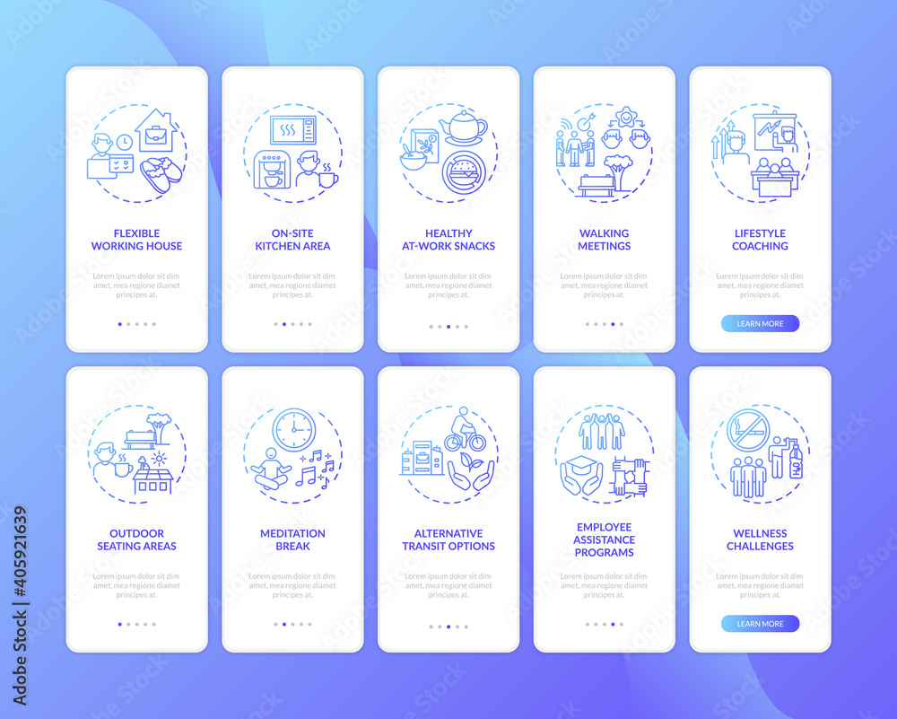 Poster workstation wellness onboarding mobile app page screen with concepts set. employee assistance, chall