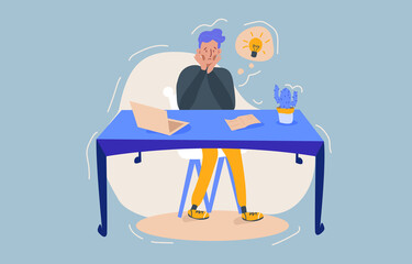 Hard worker, office man is in a stressful situation, sitting behind the desk and trying to solve the problems. The measure of a deadline, making hard decisions. Colorful vector flat illustration.