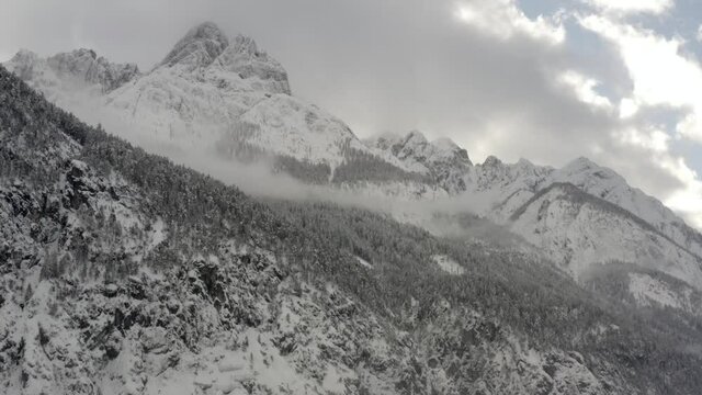 Lienzer Dolomites covered by snow. Air shooting.