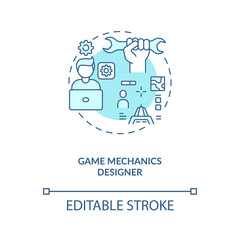 Game mechanics designer concept icon. Game designers types. Responsible for users experience. Employee idea thin line illustration. Vector isolated outline RGB color drawing. Editable stroke