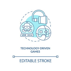 Technology driven games concept icon. Video games types. Trying to show technology innovation. Project idea thin line illustration. Vector isolated outline RGB color drawing. Editable stroke