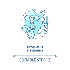 Movement mechanics concept icon. Game design industry benefits. Creating realistic hero moves. Game creation idea thin line illustration. Vector isolated outline RGB color drawing. Editable stroke