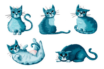 Ilustración gato adorable de color azul. Dibujo de gato en varias poses y expresiones.