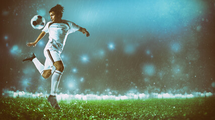 Fototapeta na wymiar Soccer action scene with a footballer in white uniform performing a heel ball stop