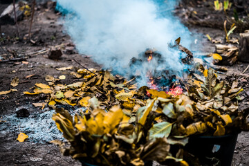 Burning. Autumn bonfire with smoke. Yellow leaves in the smoke.