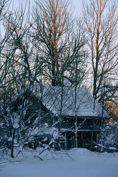 store house of abandoned farm in winter