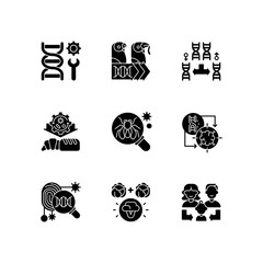 Genetics black glyph icons set on white space. Genetic engineering. Chromosome division. Selective breeding. Industrial biotechnology. Silhouette symbols. Vector isolated illustration