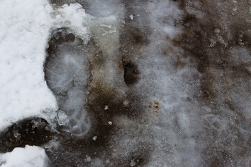 Icy footprint and car tracks on a snow and ice covered road