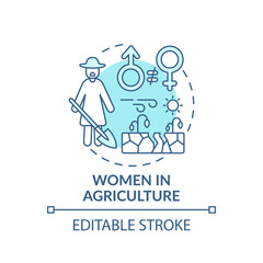 Women in agriculture concept icon. Climate poverty risk groups idea thin line illustration. Vector isolated outline RGB color drawing. Use female labor in agriculture. Editable stroke