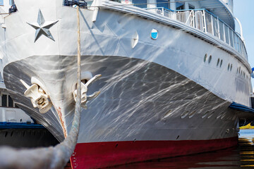 River ship moored by rope