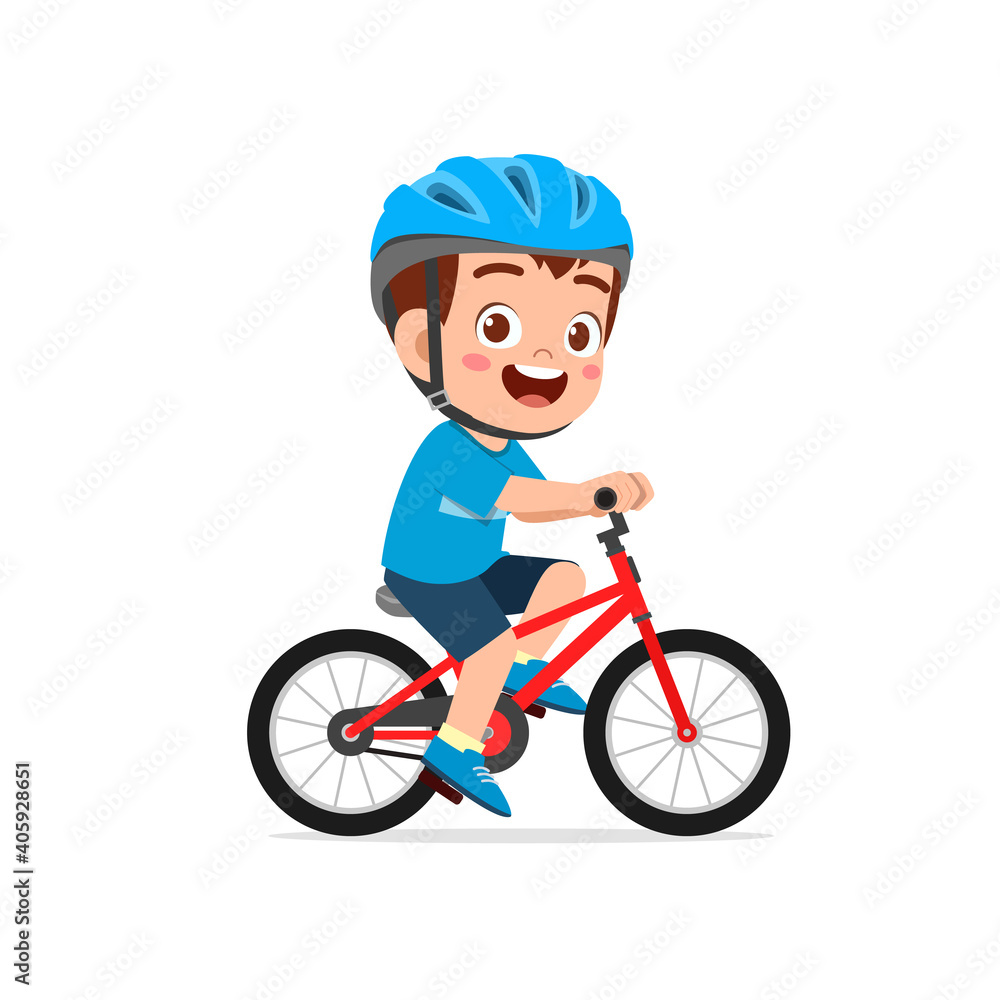 Wall mural happy cute little kid boy riding bicycle