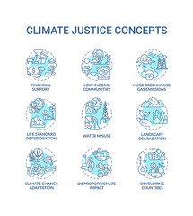 Climate justice concept icons set. Global warming reduce idea thin line RGB color illustrations. Global warming. Climate change. Vector isolated outline drawings. Editable stroke