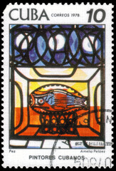 Postage stamp issued in the Cuba the image of the Fish. From the series on Paintings from Cuban...