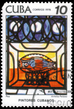 Postage stamp issued in the Cuba the image of the Fish. From the series on Paintings from Cuban Artists, Amalia Pelaez del Casal, circa 1978