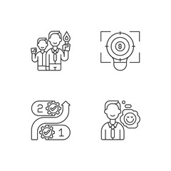 Company values linear icons set. Financial goal. Consistency in project planning. Positive attitude. Customizable thin line contour symbols. Isolated vector outline illustrations. Editable stroke