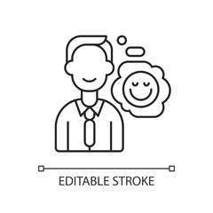Positive attitude linear icon. Optimistic employee. Personal achievement. Company culture. Thin line customizable illustration. Contour symbol. Vector isolated outline drawing. Editable stroke