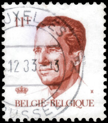 Postage stamp issued in Belgium the image of the King Baudouin I, 1930-1993. From the series on King Baudouin Type Velghe, circa 1983