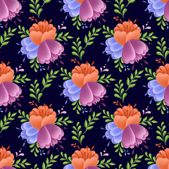Seamless pattern with orange, red and purple flowers on dark background. Brunches with leaves. Scrapbooking. Summer wallpaper.