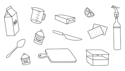 Vector fresh ingredients for baking, cookies: milk, lemon, sugar, butter and vegetable oil. Kitchen items: cutting board, knife, spoon and container
