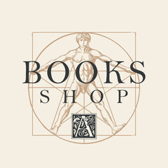 Vector banner for books shop with inscription, initial letter A and hand-drawn Vitruvian man in vintage style. Suitable for advertising flyer, label, icon, bookmark, business card, design element