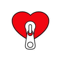 Día de San Valentín. Logotipo contorno corazón con cremallera con lineas en color rojo y negro