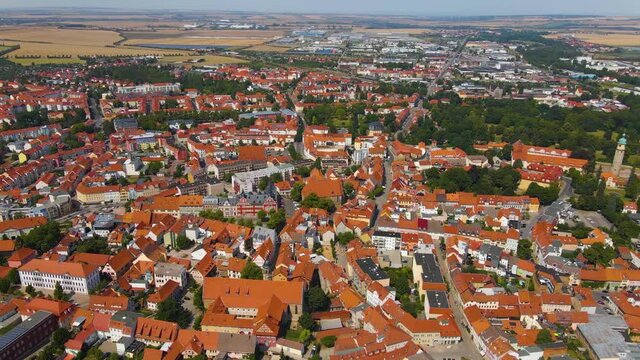 Aerial view of the old town of the city Arnstadt in Germany, Thuringia on a sunny day in summer.