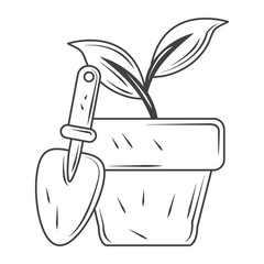 potted plant and shovel tool gardening, sketch style design vector