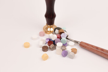 The wax seal lies on a white background. Sealing wax. Printing. An old letter. The close plan. Top...