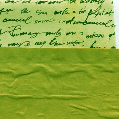 Green torn paper collage close-up. Texture made from various paper and cardboard parts. Damaged old paper background. Vintage blank wallpaper. Material design backdrop.