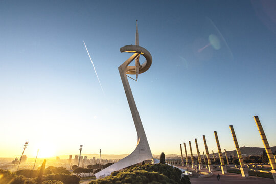 Barcelona - January 2019: Montju&iuml;c communication tower, work of the architect Santiago Calatrava, at sunset in Barcelona