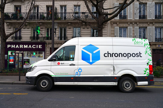 PARIS, FRANCE -5 JAN 2021- View of a Chronopost package delivery van on the street in Paris, France.