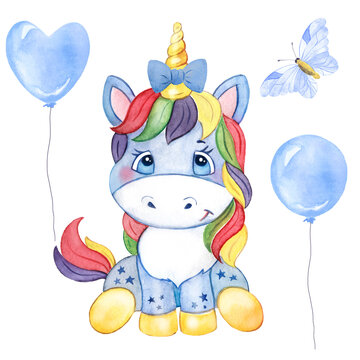 Watercolor illustration of a unicorn with balloons, cartoon, blue unicorn, multicolored mane, butterfly, children's print