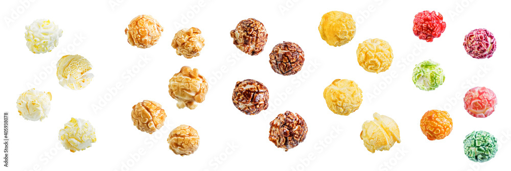 Wall mural set of popcorn: classic salt, cheese, chocolate, caramel and sweet multicolor