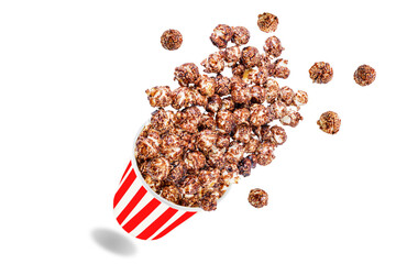 Sweet chocolate popcorn on a white isolated background