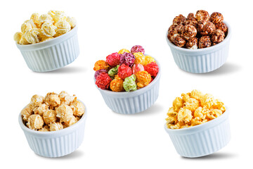 Set of popcorn: classic salt, cheese, chocolate, caramel and sweet multicolor