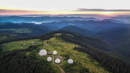 Aerial view on soviet millitary station in Carpathian mountains.