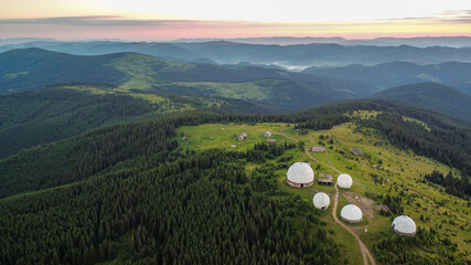 Aerial view on soviet millitary station in Carpathian mountains.