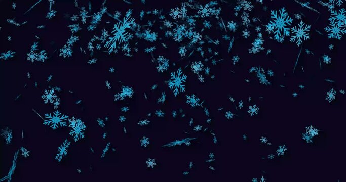Flying big and small light blue cartoons nowflakes on dark blue screen. Falling snow footage. Winter . Shot in 4k resolution with 60 Frame per second