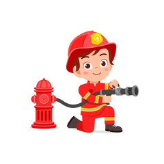 happy cute little kid wearing firefighter uniform and holding hose