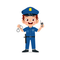 happy cute little kid boy wearing police uniform