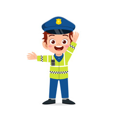 happy cute little kid boy wearing police uniform and manage traffic