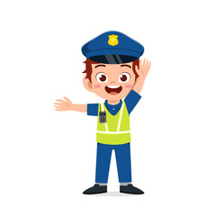 happy cute little kid boy wearing police uniform and manage traffic