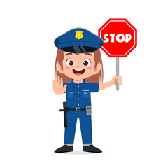 happy cute little kid girl wearing police uniform and holding stop sign