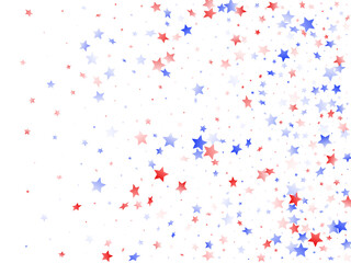 Flying red blue white star sparkles on white vector american patriotic background.