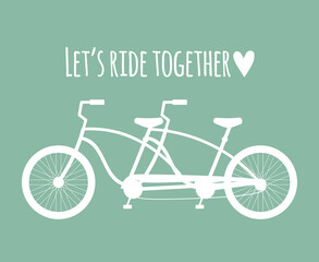 Vector flat double bicycle silhouette and lettering isolated on mint background. Valentine’s Day illustration