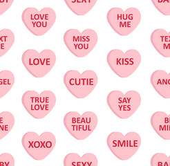 Vector seamless pattern of flat cartoon pink Valentine’s sweet candy with love text isolated on white background
