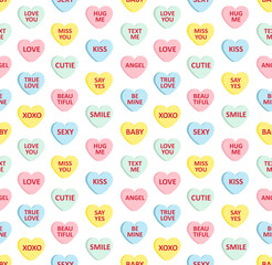 Vector seamless pattern of different color flat cartoon pink Valentine’s sweet candy with love text isolated on white background