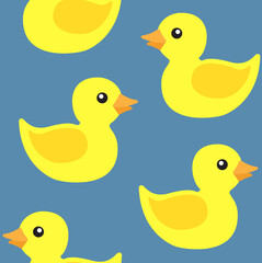Vector seamless pattern of flat cartoon bath duck toy isolated on blue background